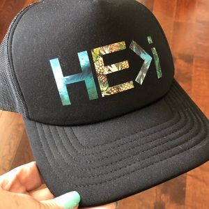 HE>I Snap Back Black Tropical Trucker Hat